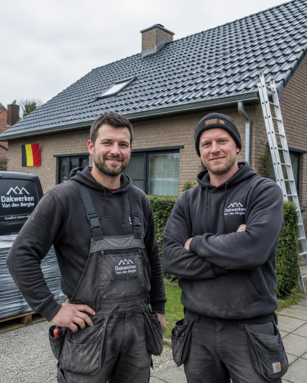Twee dakwerkers van het NovaRoof-team voor een pas gerenoveerd dak