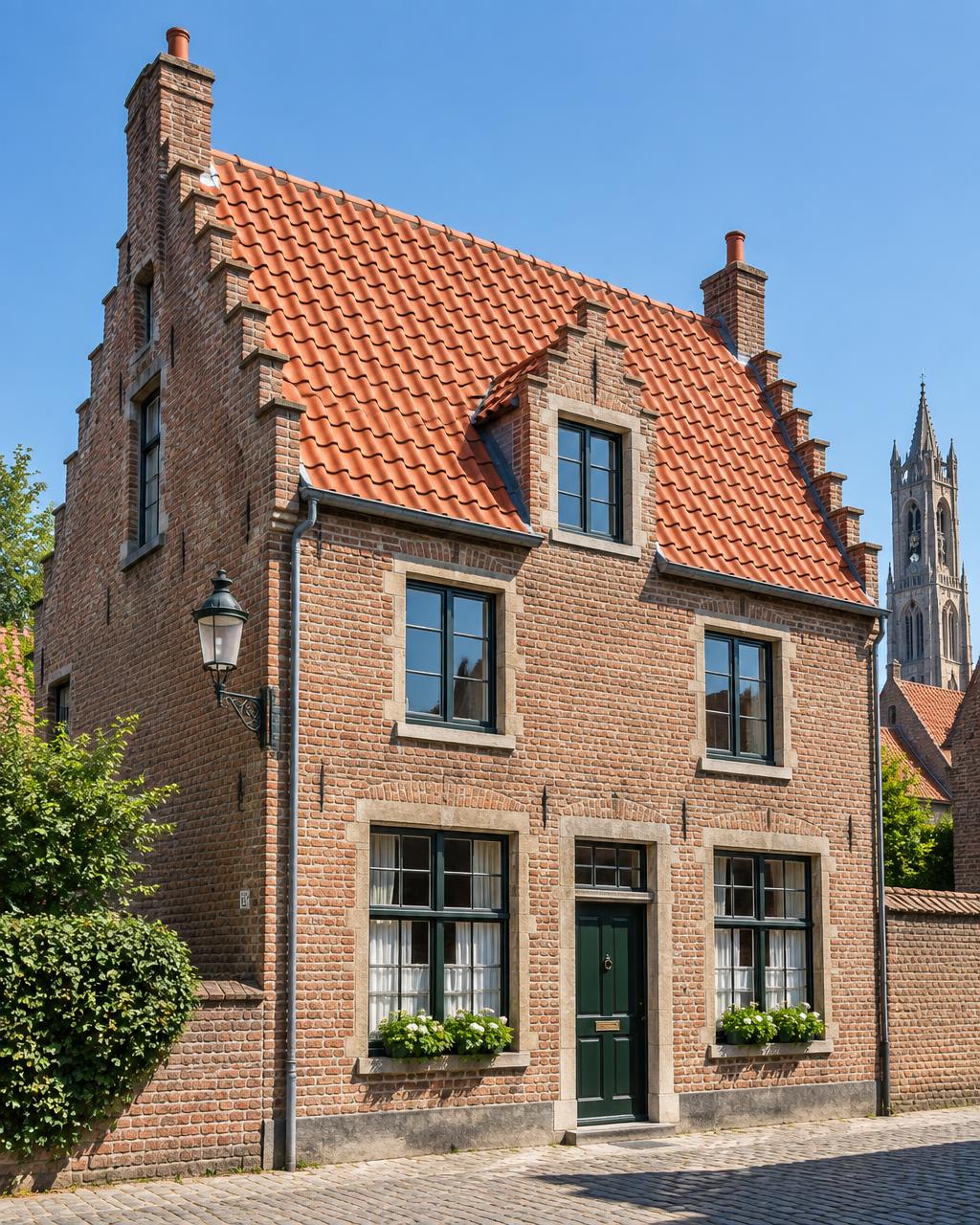 Gerenoveerd rood pannendak op een trapgevelwoning in Brugge