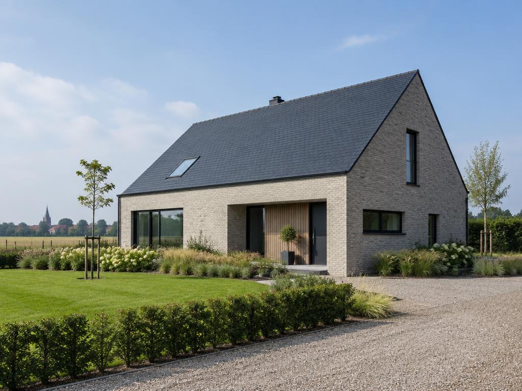 Nieuwbouwwoning met zwart leien dak in het Vlaamse landschap