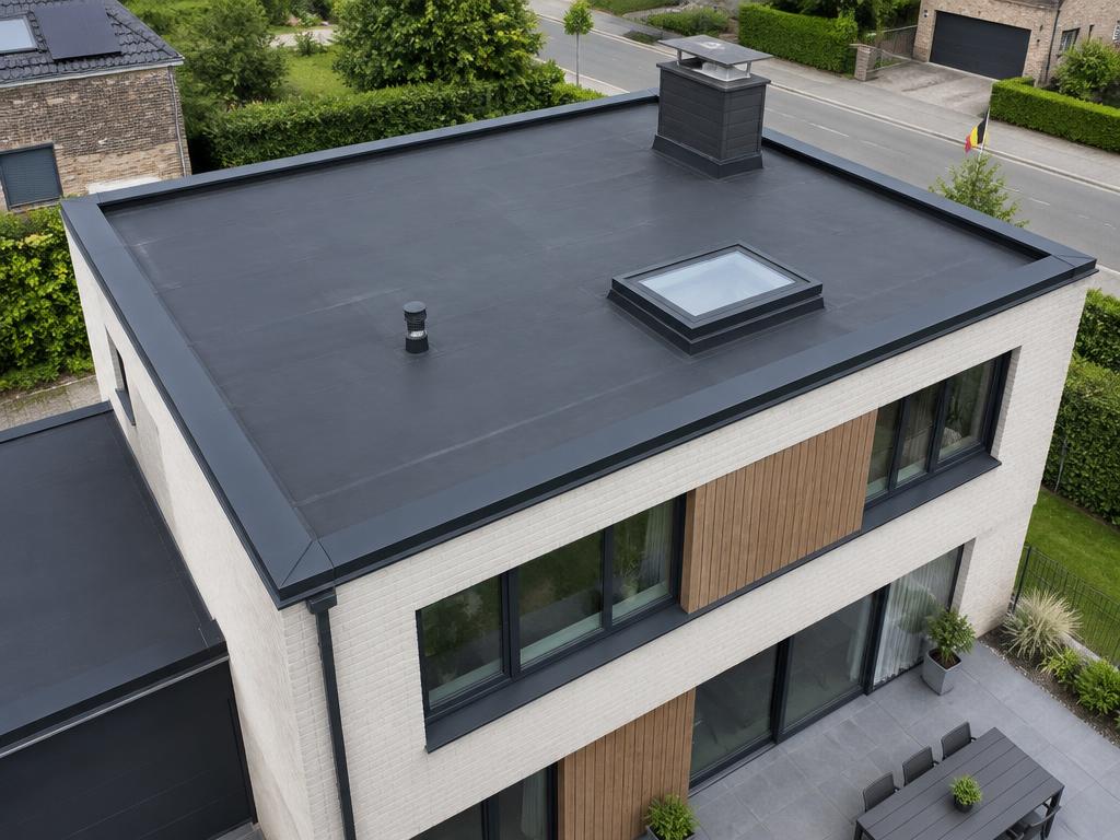 Plat dak met nieuwe EPDM-dakbedekking en aluminium dakranden