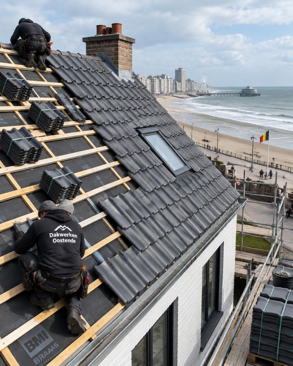 Dakwerkers plaatsen nieuwe antraciet pannen op een woning aan de kust
