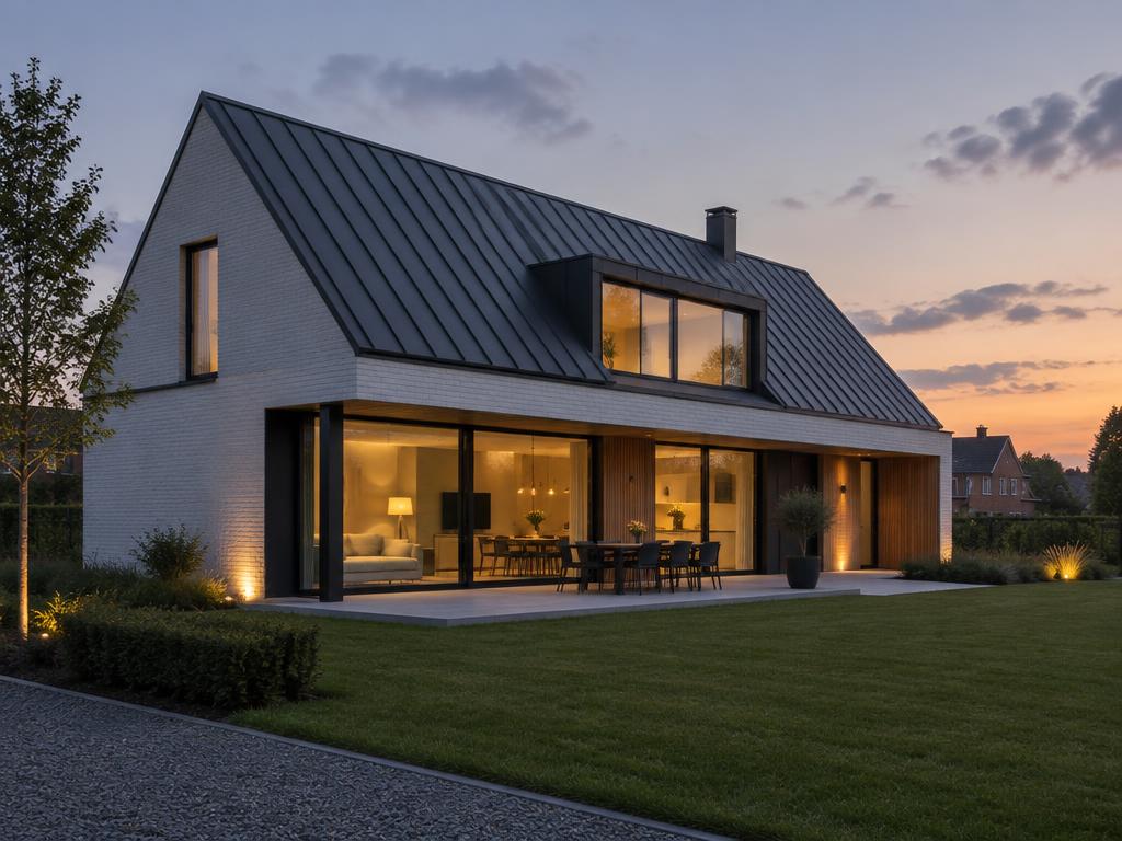 Moderne villa met antraciet felsdak bij valavond